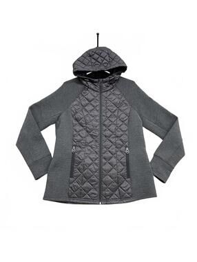 Michael Michael Kors Women's Gray Heather Quilted Hoodie Jacket Sz L Down Fill
